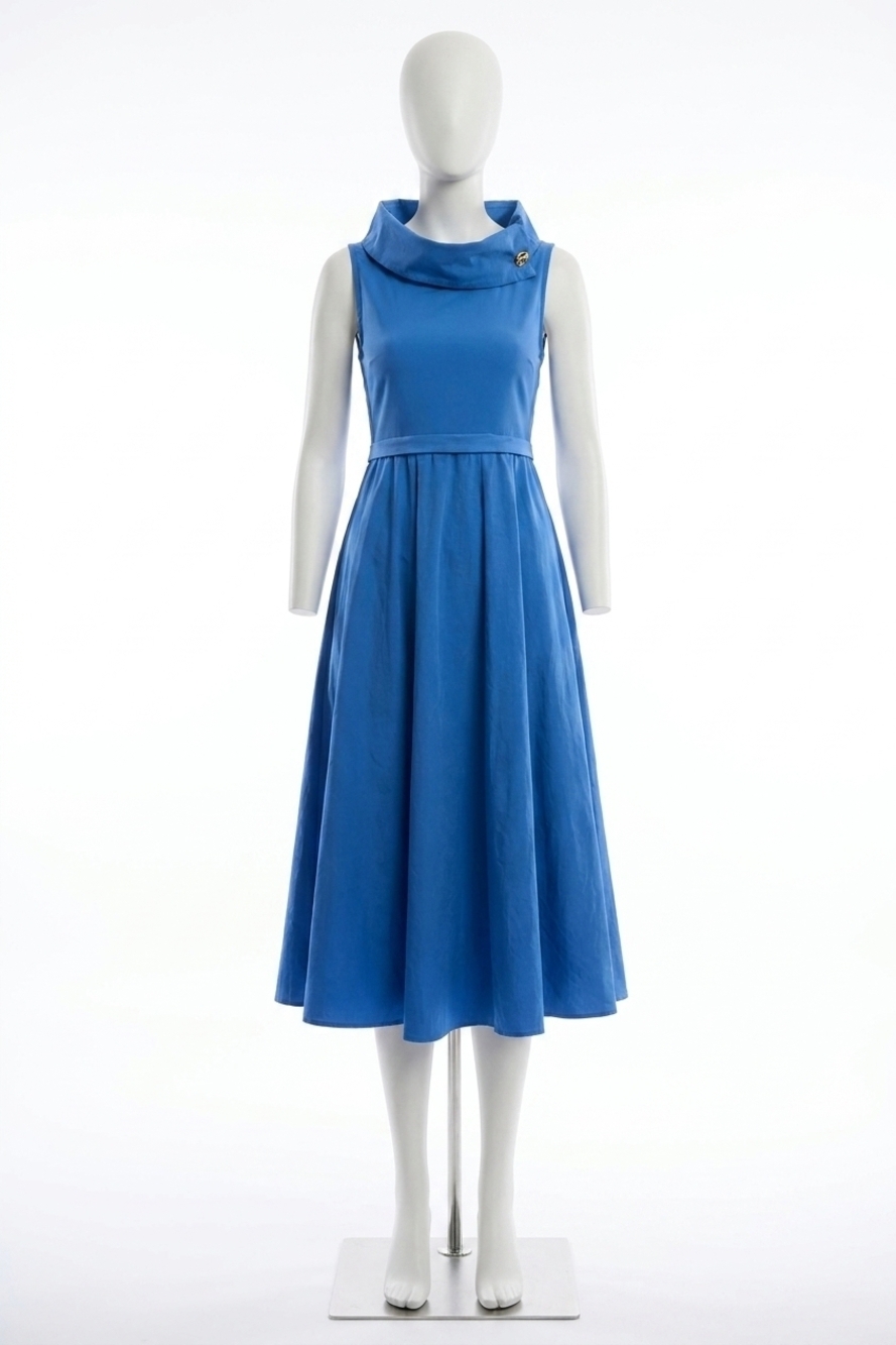 NEW JOSEPH RIBKOFF shawl collar midi fit and flare dress in harbor blue